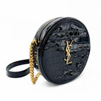Saint Laurent Classic Camera Vinyle Ysl Monogram Round Croc-embossed Black Patent Leather Cross Body Bag