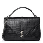Saint Laurent Crocodile Embossed Monogram Large College Black Calfskin Leather Satchel