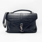Saint Laurent Crocodile Embossed Monogram Large College Black Calfskin Leather Satchel