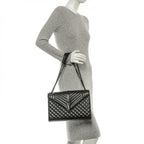 Saint Laurent Monogram Envelope Grain De Poudre Textured Mixed Matelasse Triquilt Large Black Leather Shoulder Bag