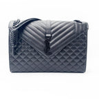 Saint Laurent Monogram Envelope Grain De Poudre Textured Mixed Matelasse Triquilt Large Black Leather Shoulder Bag