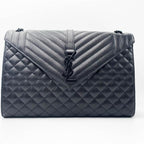 Saint Laurent Monogram Envelope Grain De Poudre Textured Mixed Matelasse Triquilt Large Black Leather Shoulder Bag