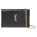 Saint Laurent Monogram Envelope Chain Wallet Clutch Ysl Woc In Grained Black Leather Cross Body Bag