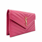 Saint Laurent Monogram Envelope Chain Wallet Grain De Poudre Matelasse Chevron Fresh Fuchsia Leather Shoulder Bag