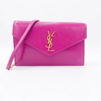 Saint Laurent Monogram Envelope Chain Wallet Textured Electric Pink Patent Leather Cross Body Bag