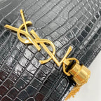 Saint Laurent Monogram Kate Wallet on Chain Crocodile Embossed Tassel Black Patent Leather Cross Body Bag