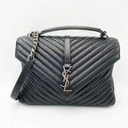 Saint Laurent Sheepskin Matelasse Chevron Monogram Large College Satchel Black Leather Shoulder Bag