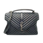Saint Laurent Sheepskin Matelasse Chevron Monogram Large College Satchel Black Leather Shoulder Bag