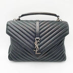 Saint Laurent Sheepskin Matelasse Chevron Monogram Large College Satchel Black Leather Shoulder Bag