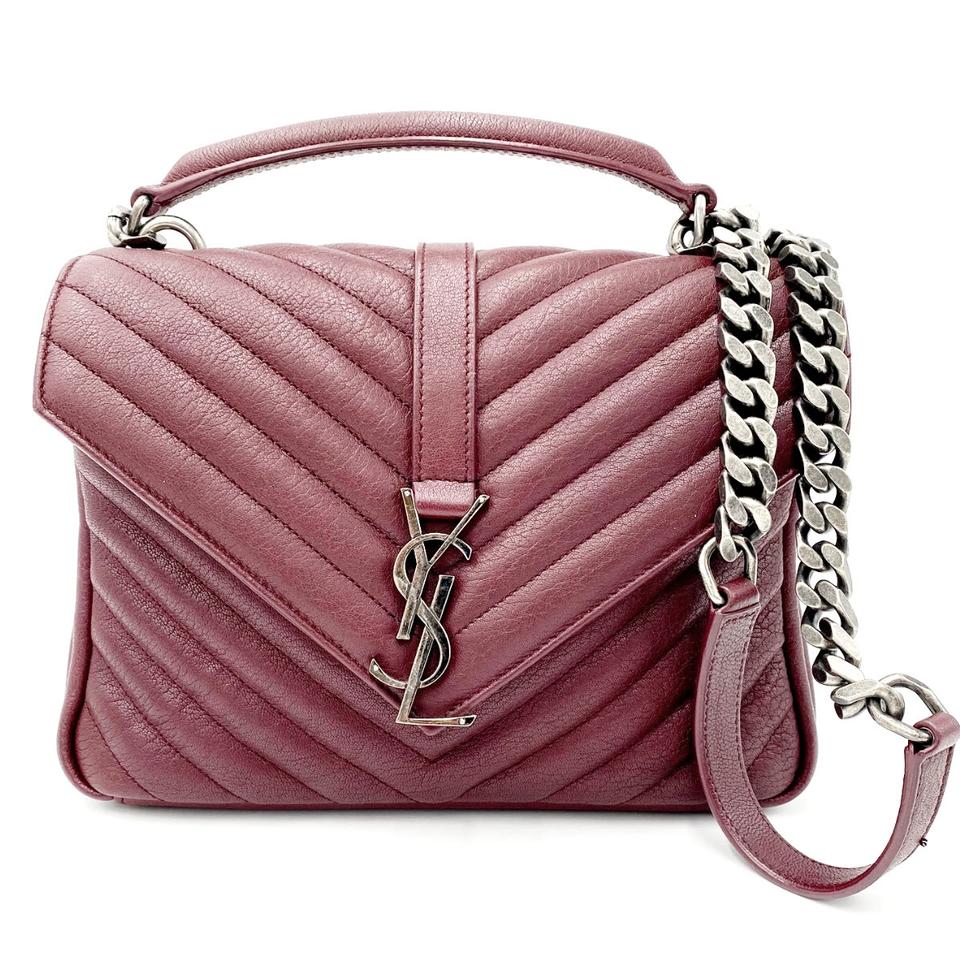 Saint Laurent Sheepskin Matelasse Chevron Monogram Medium College Amaranto Burgundy Leather Shoulder Bag