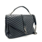 Saint Laurent Shw Matelasse Chevron Monogram Large College Satchel Black Sheepskin Leather Shoulder Bag