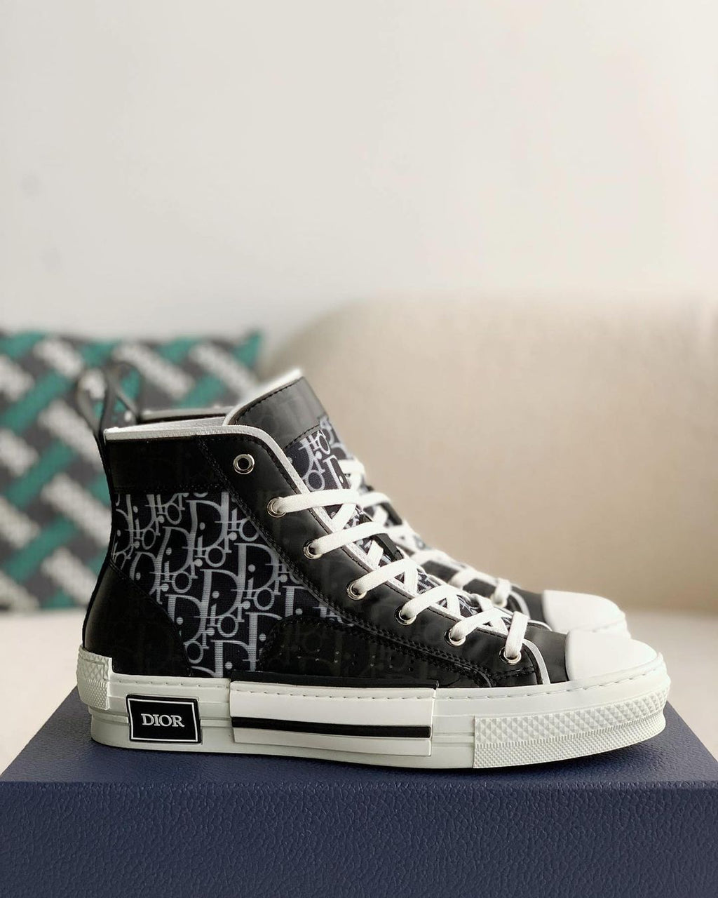 Dior B23 High-Top Sneaker in Black & White Dior Oblique Canvas with Patent Leather Panels