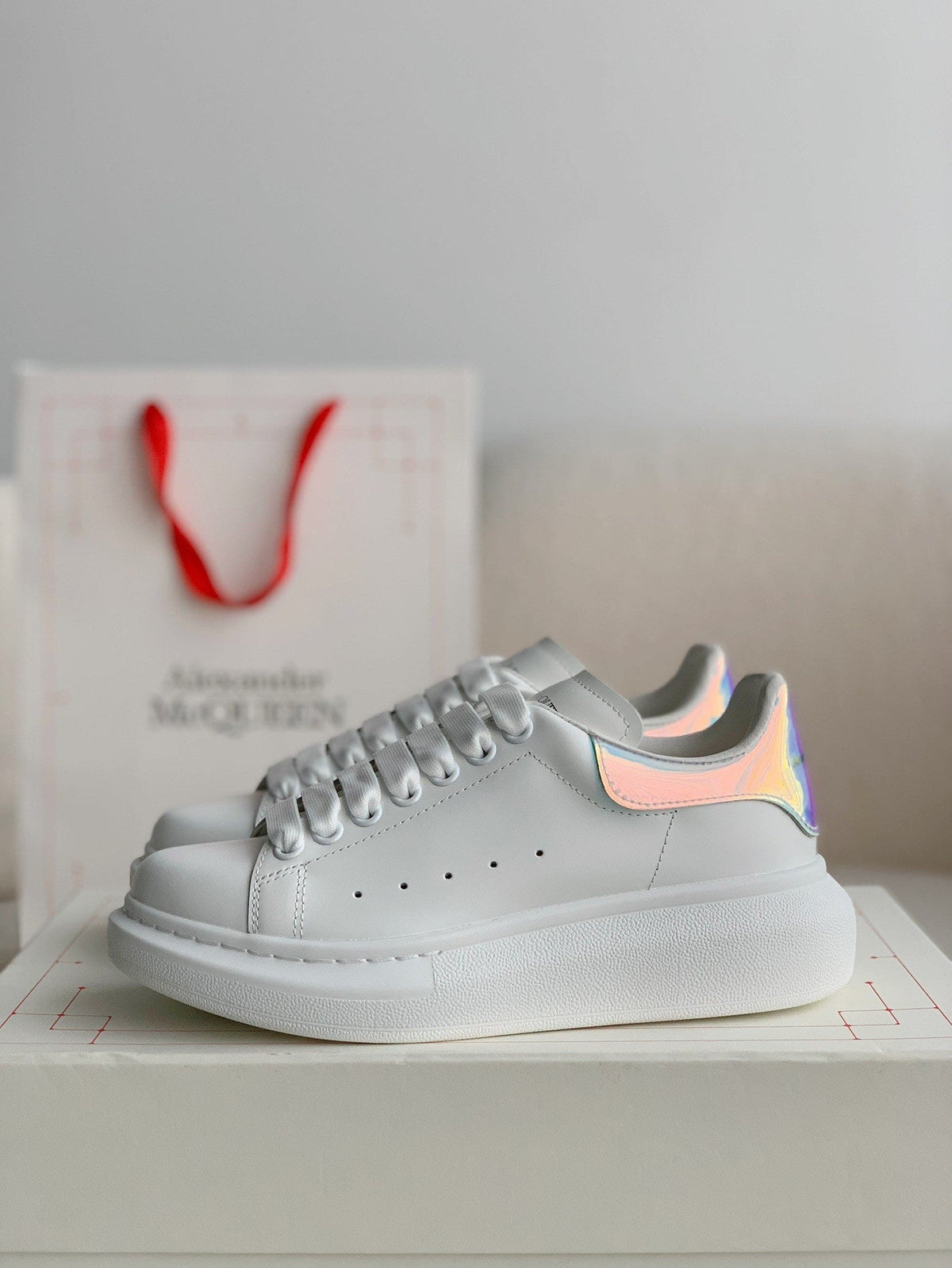 Alexander McQueen White Leather Oversized Sneakers with Holographic Iridescent Heel